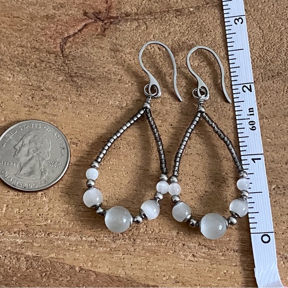 Natural Selenite Teardrop Hoop Earrings in Stainless Steel Handmade Artisan - Picture 8 of 10